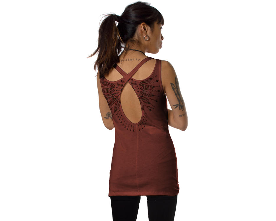Women open back tank top in red with a psychedelic print 